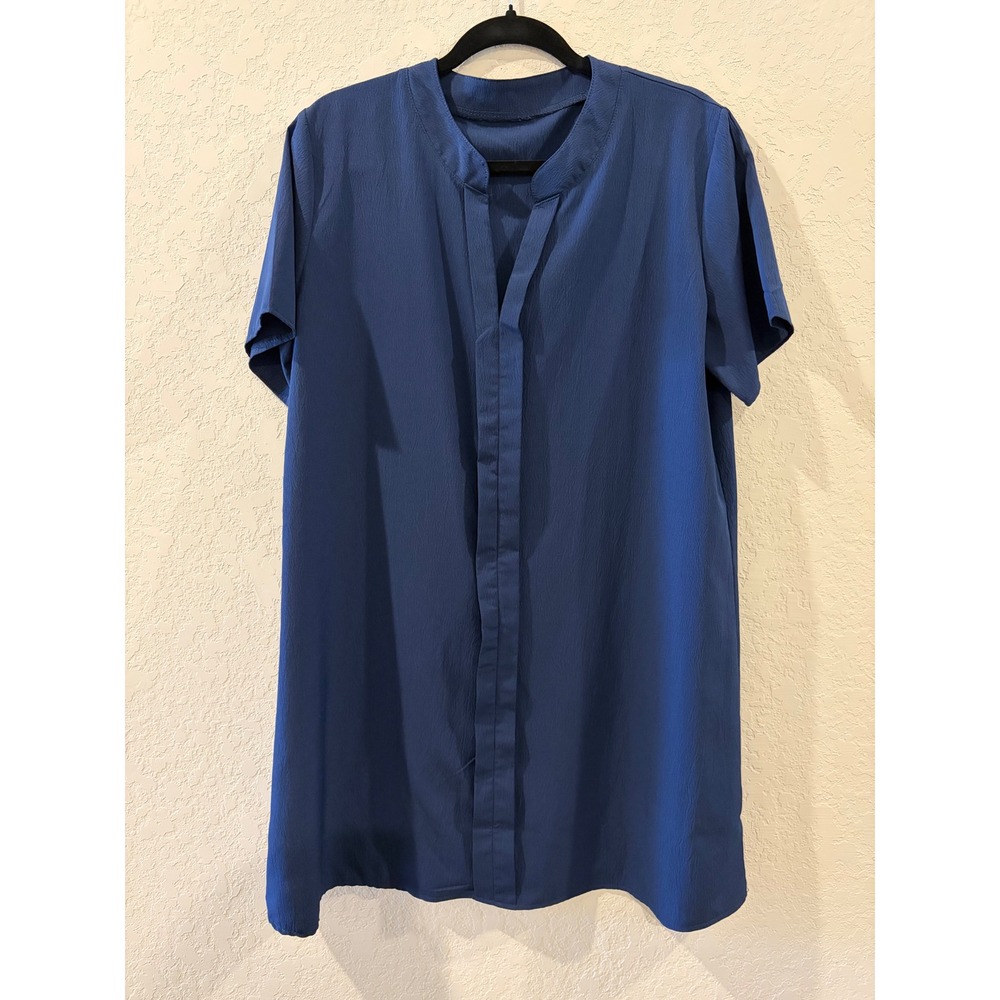 Navy Blue Short Sleeve Split Neck Tunic Top Textured Crepe Size Large